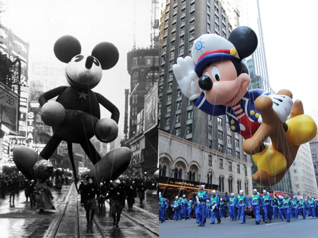 第一个米老鼠气球首次亮相于1934年，同为迪斯尼人物唐老鸭是在1962年推出。